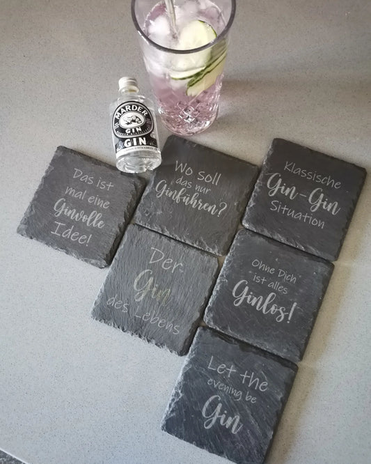 Getränkeuntersetzer aus Schiefer in einer Geschenkekiste